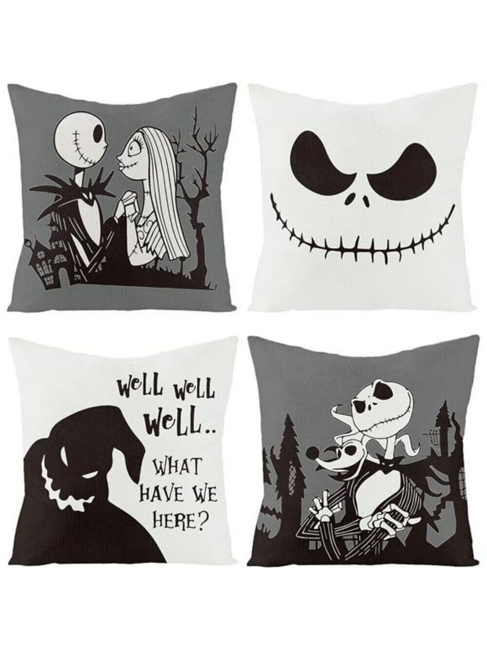 Halloween Jack and Sally Pillow Covers 18x18 Set of 4 Skull Horror Cartoon Decor